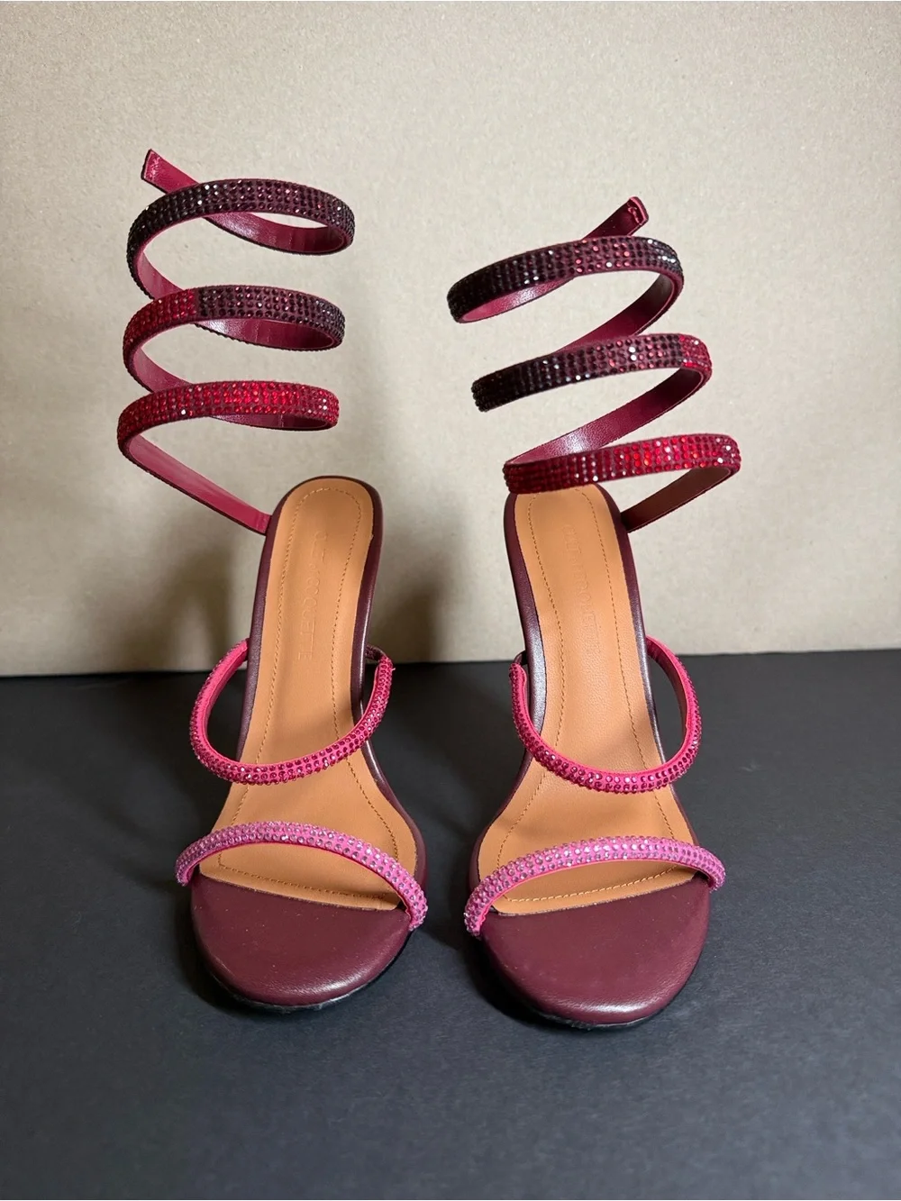 Spiral Wrap Stiletto Sandals in Burgundy and Pink - New - With Box